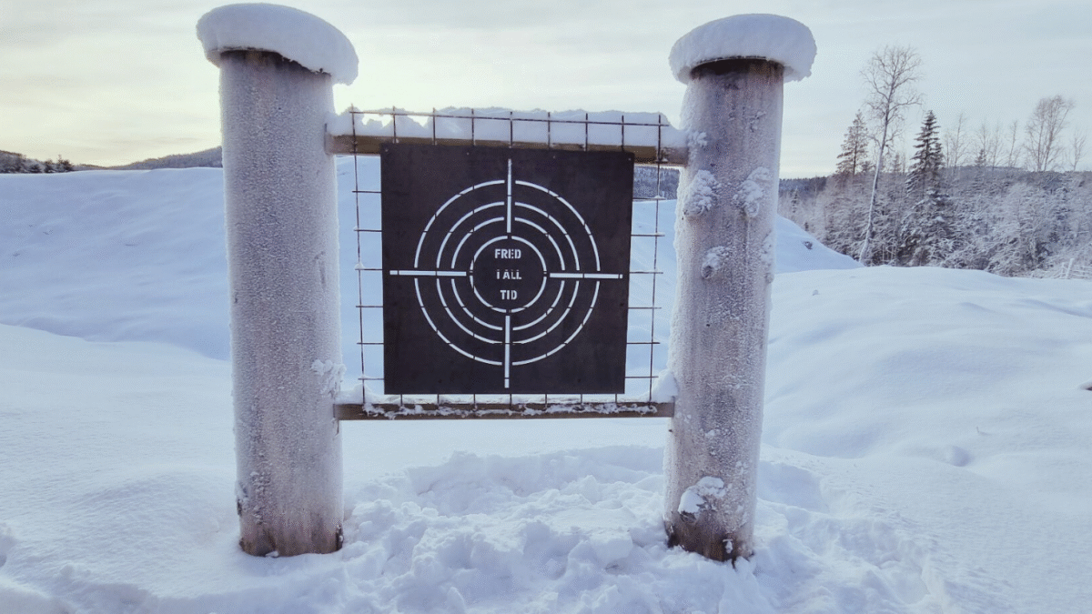 Fredsmonumentet vid Långå Skans visar en stiliserad måltavla i rostbehandlad, tjock plåt, med texten "Fred i all tid" mitt i ett utskuret sikte. Plåten hänger mellan två gedigna fundament av furustolpar.